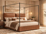 Queen Canopy Bed Frame, Faux Leather Upholstered Bed with Metal Frame, Four Poster Platform Bed, No W636P566621