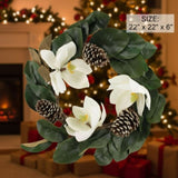 22" Christmas Wreath Creamy White Magnolia Elegant Holiday Door Decor, Indoor Outdoor Pinecone 52359282