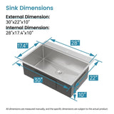 Stainless Steel Kitchen Sink, 30x22 Single Bowl, Overmount Handmade Sink in Brushed, with Cutting T3177P296188
