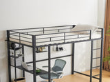 Twin Size Metal Loft Bed with Desk and Storage Shelves, 2 Built-in Ladders & Guardrails, Loft Bed 24084239