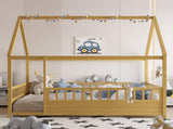 Full Size Floor Wooden Bed with House Roof Frame, Fence Guardrails W1858P310085