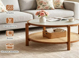 Walnut Boho 2Tier Round Coffee Table, PE Rattan Accent Side Table with Tempered Glass Top, Solid 57774693