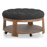 Wire-brushed Finish Natural Tone/Dark Gray 1pc Ottoman Transitional Style Deep Button Linen Like B011P184967