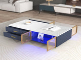 Modern Navy Blue Coffee Table with 2 Glass Door Storage, 4 Drawers, Gold Metal Legs, and Multi-Color N735P167910