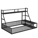 Full Size Floor Bed Frame with Safety Fence, Metal Floor Bed with Desk and Storage Shelves, W1580P240070