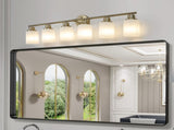 6-Light Golden Bathroom Vanity Light Fixture, Frosted Glass Shades, Modern Wall Mounted Lighting W1340P206703