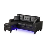 Sorenza 74"W Black PVC Reversible Sectional Sofa Chaise with LED Light, USB Port, Nailhead Trim, B061P284876