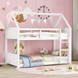 Twin Over Twin House Floor Bed with Headboards, Footboards and Guardrails, Ladder, Rubber Wood W504P227938