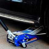 Low level steel vehicle floor standing hydraulic jack with dual piston rapid lift pump, capacity of 06381776