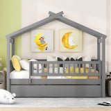 Twin Size Wooden House Bed with Twin Size Trundle, Gray 14298090