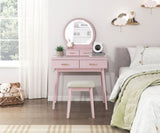 Beautiful Pink Finish Vanity Dresser with Mirror and Stool Set Storage Drawers Bedroom Furniture 1pc B011P300057