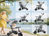 6-in-1 Kids Tricycle with Adjustable Push Handle & Reversible Seat, Gray Toddler Tricycle for Ages 29257099