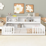 Twin Floor Bed with Bedside Bookcase,Shelves,Guardrails,White W504142771