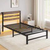 Twin Size Bed Frame Heavy Duty Platform Bed Frame with Headboard, USB Charging Station, LED Bed, No W840P209879