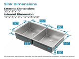 33"x19" Embedded Double Bowl Kitchen Sink, Undermount Handmade Sink in Brushed Unable 56017695