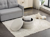 007-Velvet Fabric Storage Round Ottoman Footstool With Wooden Shelving,Ivory W527121976