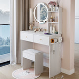 17" Round LED Mirror Vanity TableCushioned Stool, Equipped With 2 AC2 USB Power Socket, Big W3258P311343