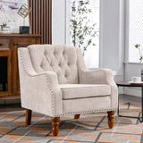 Beige Accent Chair, Living Room Chair, Footrest Chair Set with Vintage Brass Studs, Button Tufted W1170100893