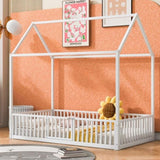 Twin Size Metal House Bed with Fence and Door, White MF315932AAK