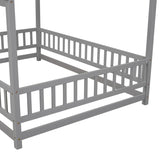 ZNTS Full Size Floor Wooden Bed with House Roof Frame, Fence Guardrails ,Grey W1791P148192