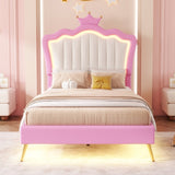 Twin Size Upholstered Bed Frame with LED Lights, Modern Upholstered Princess Bed with Crown W2770P190377