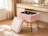 Faux Fur Vanity Stool with Hidden Storage, Reversible Lid Convertible Ottoman Stool, Gold Metal Legs 86694254