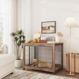 ZNTS Furniture Style Dog Crate Side Table onheels with Double Doors and Lift Top. Rustic Brown, 43.7'' W116269692