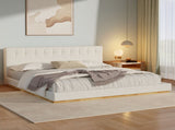Solid Rubber Wood Platform Bed with Upholstered Headboard, Modern Tufted Design, Sturdy Slat N769P387939W