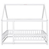 ZNTS Full Size Floor Wooden Bed with House Roof Frame, Fence Guardrails ,White 15002468