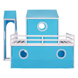 ZNTS Full Size Loft Bed with Slide Blue Tent and Tower - Blue WF298771AAC