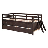 ZNTS Low Loft Bed Twin Size with Full Safety Fence, Climbing ladder, Storage Drawers and Trundle Espresso WF312991AAP