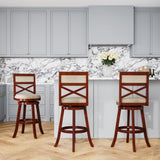 30" Bar Height X-Back Swivel Stool, Cherry Finish, Beige Fabric Seat B04660709