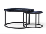 Set 2 Coffee Table Nesting Black top Black Frame Circular Round and Marble Pattern Wooden Tables, 62287079
