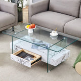 43.3 Inch Modern Two-Tier Coffee Table - Clear Tempered Glass and White Marble Texture, W1151P232633