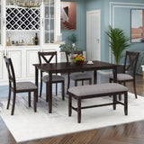 6-Piece Kitchen Dining Table Set Wooden Rectangular Dining Table, 4 Fabric Chairs and Bench Family 82897047