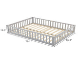 Gray painted pine wood playpen bed with door and board, full-size children's wooden bed 45176217
