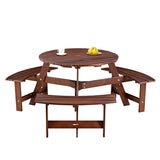 ZNTS Outdoor 6 Person Picnic Table, 6 person Round Picnic Table with 3 Built-in Benches, Umbrella Hole, 21425761