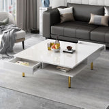 ON-TREND Exquisite High Gloss Coffee Table with 4 Golden Legs and 2 Small Drawers, 2-Tier Square WF315490AAK