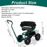 Rolling Garden Cart with Cushioned Backrest & Seat, Outdoor Gardening Stool for Planting, Garden 41309399