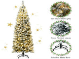 7.5ft Snow Flocked Pencil Christmas Tree - 641 Branch Tips, 350 Warm LED Lights, PVCMetal 44605687