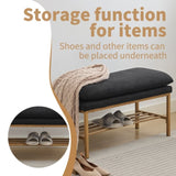 End of Bed Bench with Shelf, Linen Upholstered Storage Shoe Bench, Modern Bedroom Bench with Metal W2725P207319