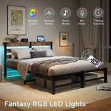 Queen Size Metal Bed Frame with Wooden Headboard, RGB Lights,Charger, Storage Shelf, Noise-Free, No W840P209904