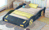 Full Size Race Car-Shaped Platform Bed with Wheels and Storage, Dark BlueYellow WF305760AAC