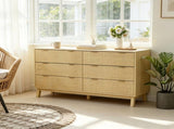 Natural Wood 6 Drawer Bedroom Dresser Fluted Chest with Gold Pulls for Small Apartment Closet 12596150
