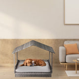 ZNTS Wicker Dog House, Elevated Rattan Dog Bed with Canopy and Washable Cushion Cover, Indoor Outdoor 91931559