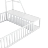 Full Size Floor Bed Frame with Safety Fence, Metal Floor Bed with Desk and Storage Shelves, W1580P240069