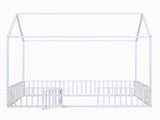 Full Size Metal House Bed with Fence and Door, White MF315933AAK