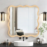 Solid Wood Wavy Square Mirror-Natural Wood 36" x 36" Modern Mirror Wall Decor for Bathroom, Bedroom, W1445P189618