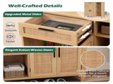 Natural Rattan Buffet Sideboard, Pull-Out Drawer & 3 Open Shelves, 3-Position Adjustable Cabinet 49396034