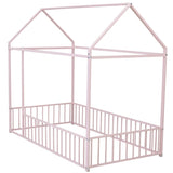 Twin Size Metal Bed House Bed Frame with Fence, for Kids, Teens, Girls, Boys, Pink MF304315AAH